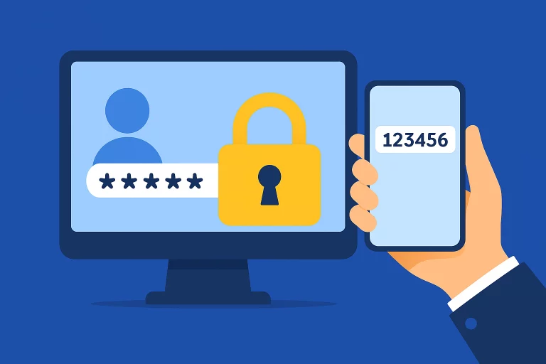 Illustration d’un écran d’ordinateur affichant un mot de passe sécurisé avec un cadenas, accompagné d’un smartphone montrant un code OTP, symbolisant le MFA.