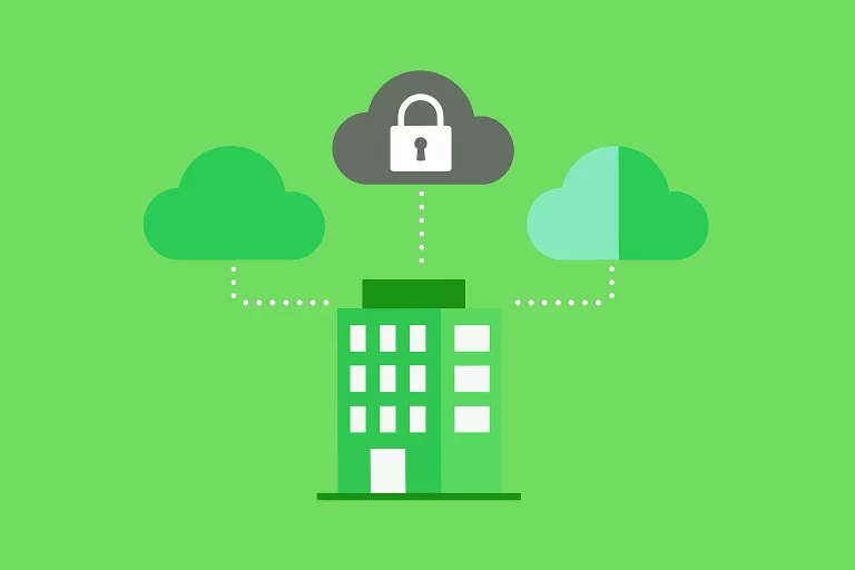 Illustration d’une entreprise connectée à un cloud public, un cloud privé sécurisé et un cloud hybride, symbolisant les choix d’infrastructure cloud.
