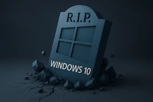 Illustration symbolique de la fin du support de Windows 10 par Microsoft, avec une pierre tombale et le logo Windows.