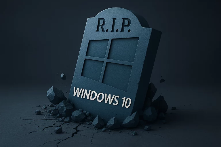 Illustration symbolique de la fin du support de Windows 10 par Microsoft, avec une pierre tombale et le logo Windows.