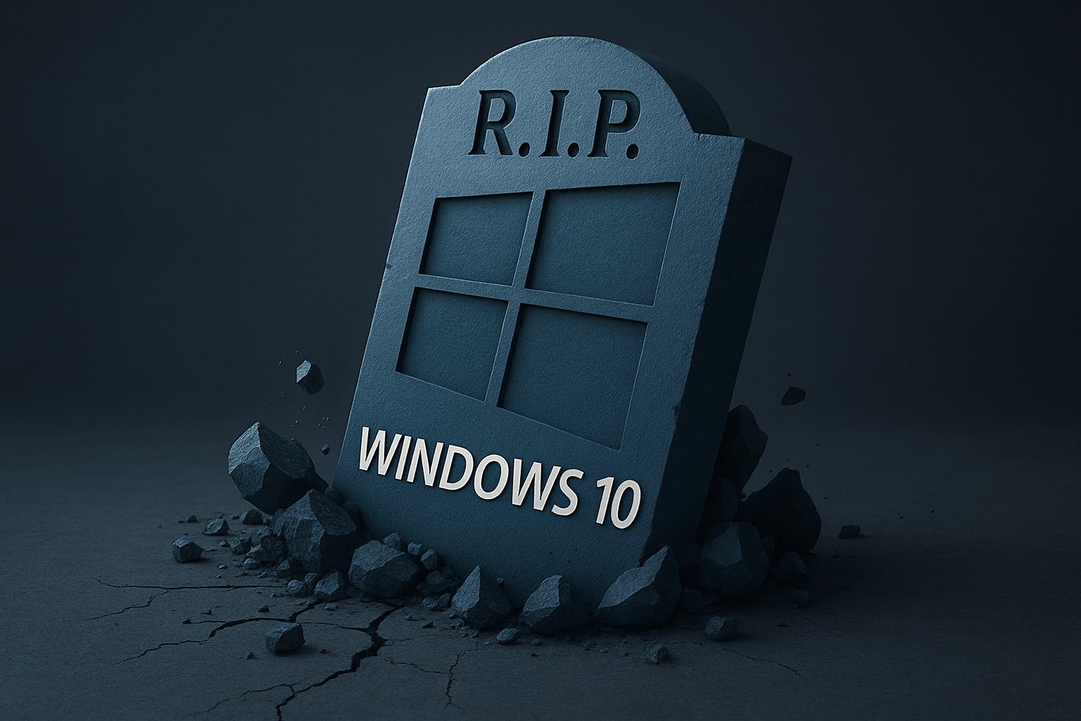Illustration symbolique de la fin du support de Windows 10 par Microsoft, avec une pierre tombale et le logo Windows.