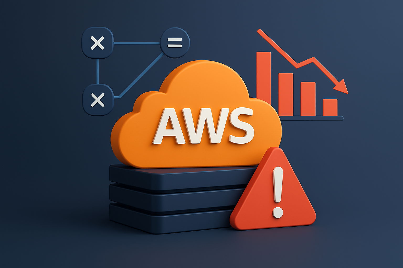 Illustration 3D d'une panne AWS avec alerte visuelle, impact cloud et serveurs en dysfonctionnement.