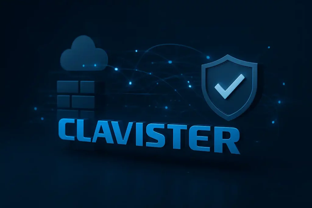 Illustration 3D du logo Clavister avec des éléments de cybersécurité comme un pare-feu virtuel, un bouclier et des connexions réseau, dans un style moderne et professionnel.
