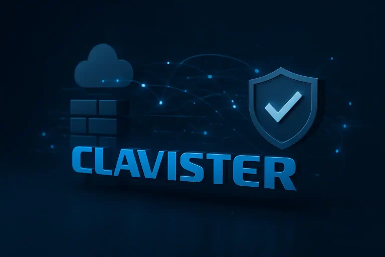 Illustration 3D du logo Clavister avec des éléments de cybersécurité comme un pare-feu virtuel, un bouclier et des connexions réseau, dans un style moderne et professionnel.