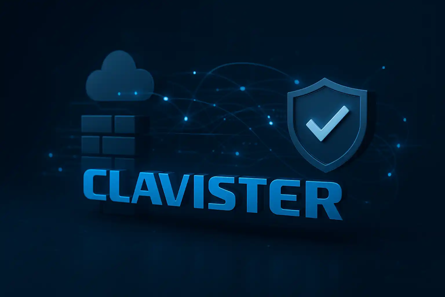 Illustration 3D du logo Clavister avec des éléments de cybersécurité comme un pare-feu virtuel, un bouclier et des connexions réseau, dans un style moderne et professionnel.