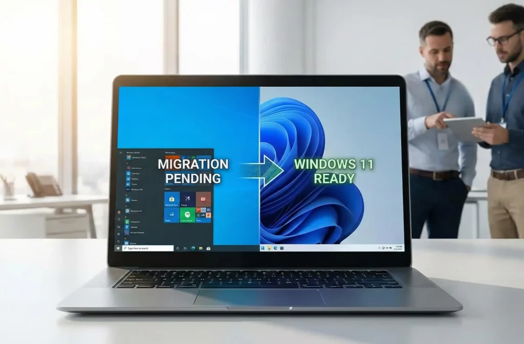 Ordinateur portable professionnel affichant un écran scindé avec le texte "MIGRATION PENDING" sur Windows 10 à gauche et "WINDOWS 11 READY" à droite, avec deux experts informatiques en arrière-plan.