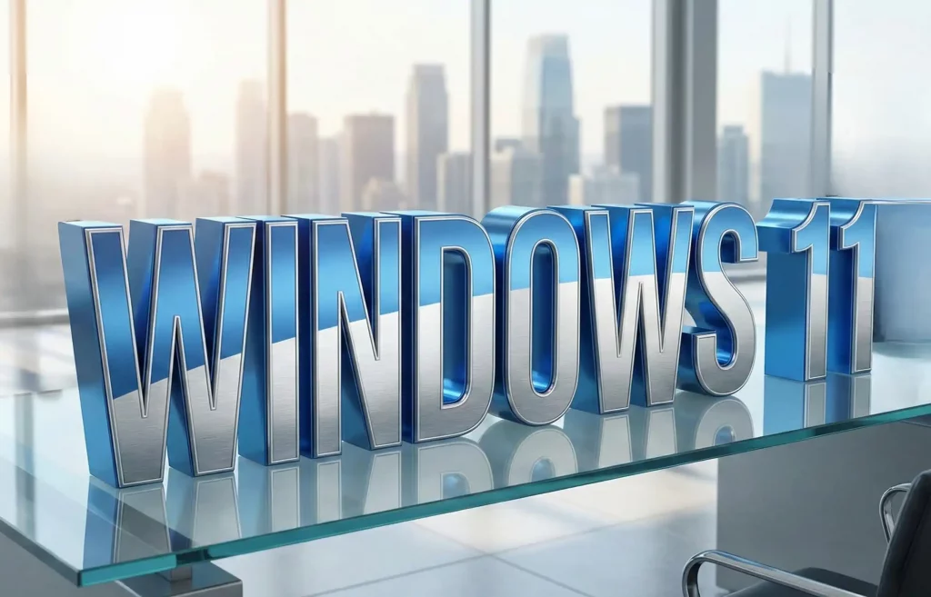 Lettres 3D "Windows 11" bleues posées sur une table de réunion dans un bureau moderne, illustrant la migration du parc informatique.