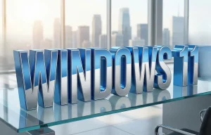 Lettres 3D "Windows 11" bleues posées sur une table de réunion dans un bureau moderne, illustrant la migration du parc informatique.