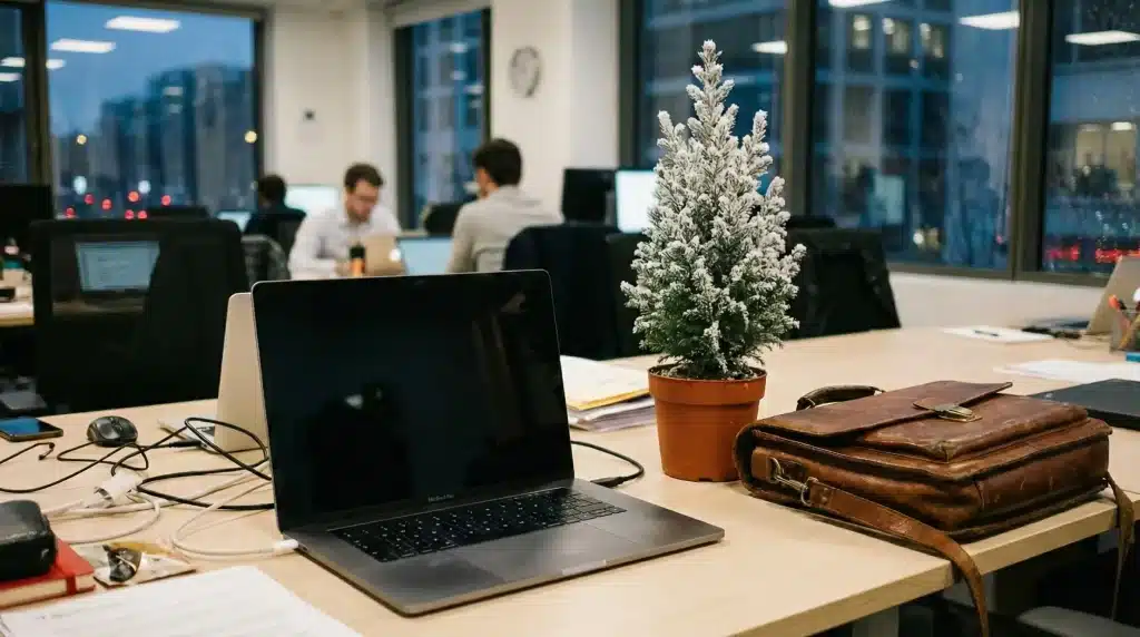 Espace de travail rangé en fin de journée avec un ordinateur portable à écran noir, un petit sapin de Noël givré et une mallette en cuir, illustrant un départ en congés serein et sécurisé.