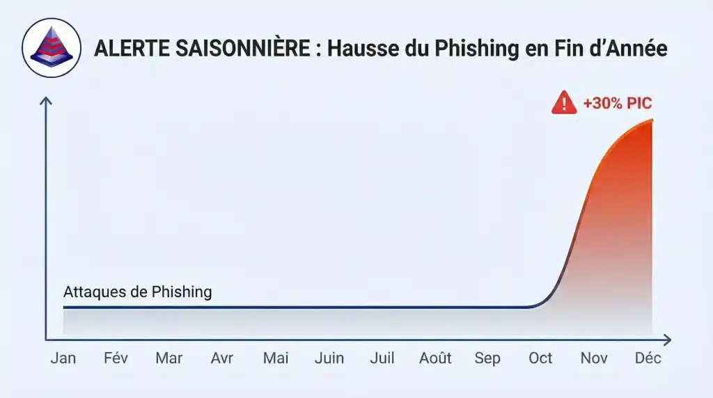 Graphique linéaire montrant une augmentation de 30% des attaques de phishing en novembre et décembre - Infographie EISN