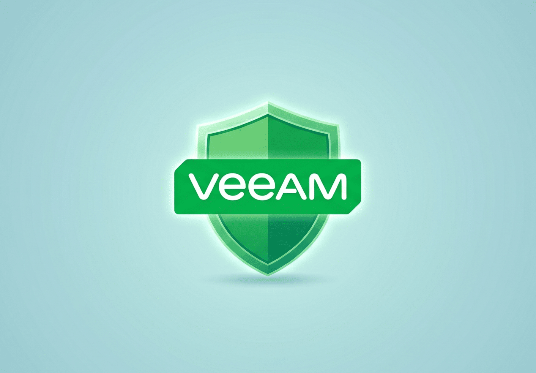 Le logo Veeam : un bouclier vert lumineux avec le mot "VEEAM" inscrit en blanc, sur un fond bleu clair épuré, symbolisant la protection des données.