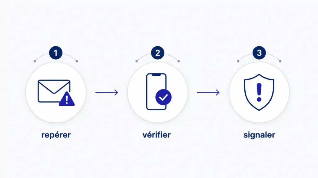 Schéma des trois réflexes de la formation cybersécurité des équipes : repérer, vérifier, signaler