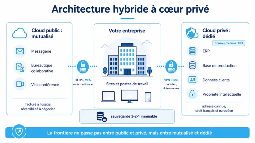 Schéma d'architecture cloud hybride à cœur privé : bureautique en cloud public mutualisé, ERP et données clients en cloud privé dédié
