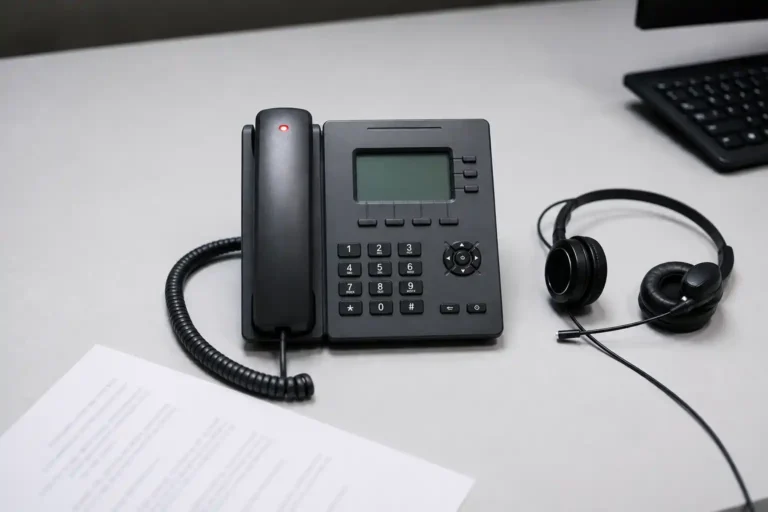 Poste téléphonique de bureau au voyant rouge allumé, casque et note d’information : l’enregistrement des appels est actif
