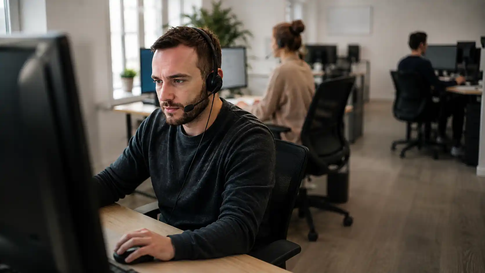Salariés en open space, casque sur les oreilles, concernés par l’enregistrement des appels de leur entreprise