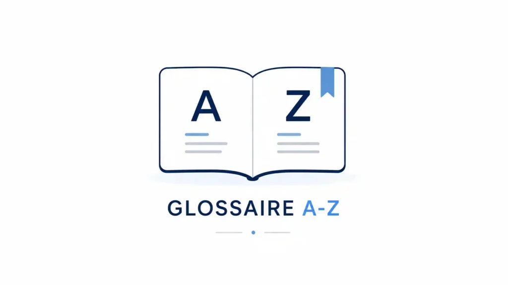 Illustration d'un glossaire A-Z représenté par un livre ouvert.