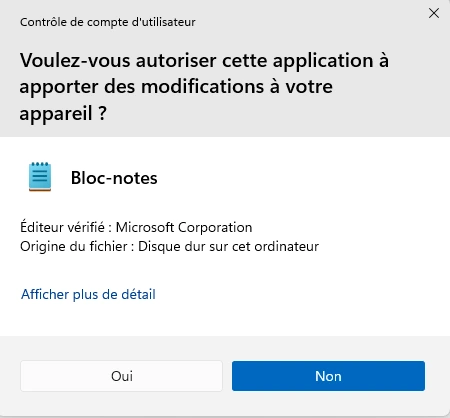 Invite UAC de Windows demandant l’autorisation avant d’exécuter le Bloc-notes en administrateur