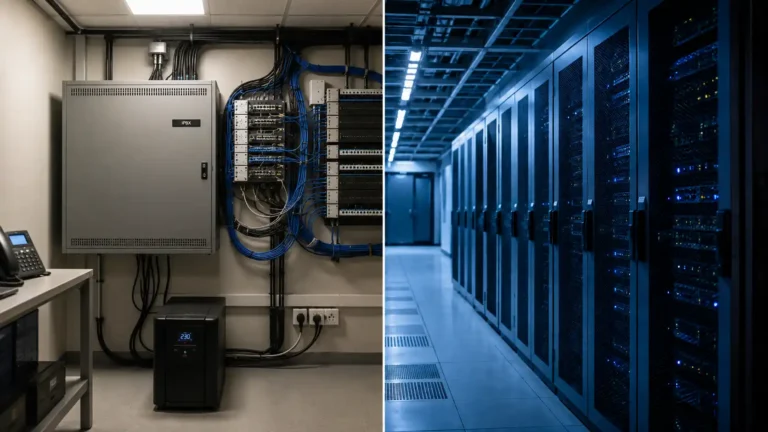 IPBX sur site ou hébergé : armoire téléphonique dans un local technique face à une allée de datacenter