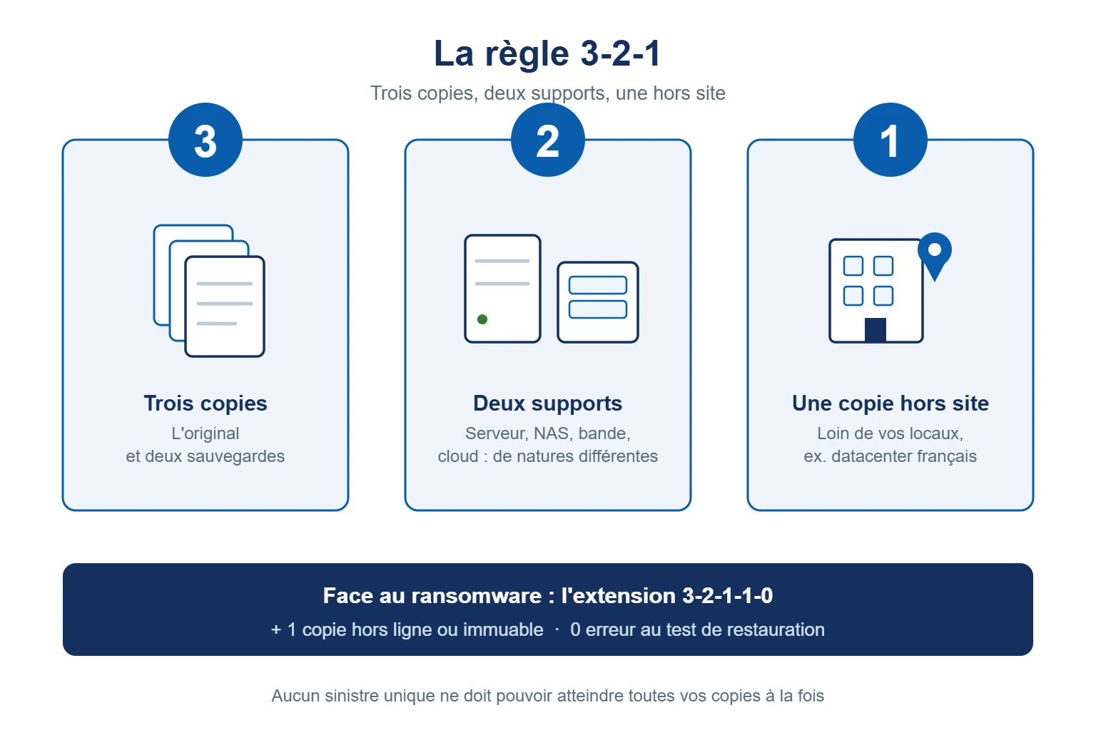 Schéma de la règle 3-2-1 : trois copies des données, deux supports différents, une copie hors site, et l’extension 3-2-1-1-0